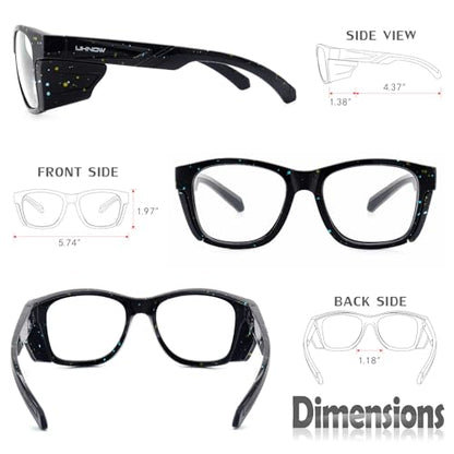 UKNOW Safety Glasses - Anti Fog Lenses - Eye Protection with Side Shields - ANSI Z87.1 Protective Eyewear - UV Protection - color: Black With Blue & Yellow Splatters