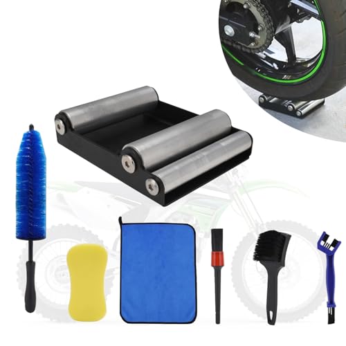 Motorcycle Wheel Cleaning Stand with Cleaning Brush Kit,Universal Roller Paddock for Dirt Street Bike Ebike for Tire Cleaning & Chain Lubrication(Bikes<500 lb & Tire Width<180 mm) - size: 7 Pcs