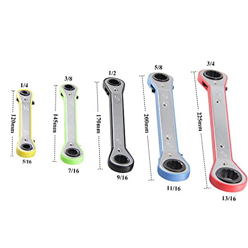 MacWork 5-Piece Offset Ratcheting Wrench Set ，Five Colors Reversible Universal Ratchet Double Ring Spanners,Professional Heat Treated Alloy Steel SAE Combination - size: SAE