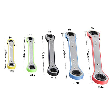 MacWork 5-Piece Offset Ratcheting Wrench Set ，Five Colors Reversible Universal Ratchet Double Ring Spanners,Professional Heat Treated Alloy Steel SAE Combination - size: SAE