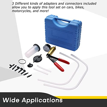 Brake Bleeder Kit with Handheld Vacuum Pump | 16PCS Brake and Clutch Bleeding System with Gauge Adapters, Automotive Brake Fluid Bleeding Set for Bike,Motorcycle,Car,Truck