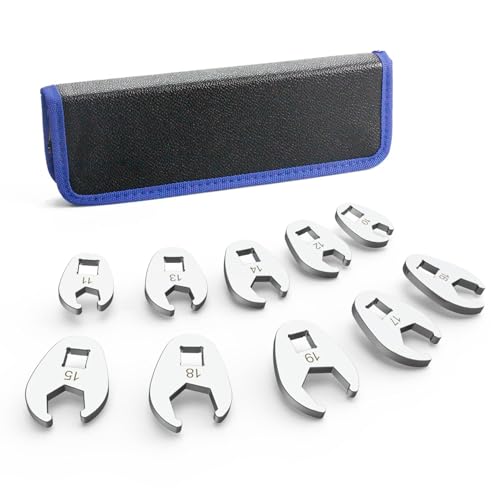 3/8" Drive Flare Nut Crowfoot Wrench Set, 10 Piece Cr-V Steel + Ni-Cr Plating 5 Point Grip Flare Nut Crow Foot Tool Set, Metric 10-19mm Crows Feet Wrench Set with Storage Pouch for Home Car Repair - style: Flare Nut - Metric