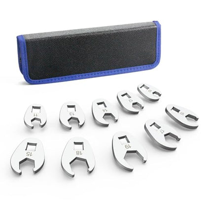 3/8" Drive Flare Nut Crowfoot Wrench Set, 10 Piece Cr-V Steel + Ni-Cr Plating 5 Point Grip Flare Nut Crow Foot Tool Set, Metric 10-19mm Crows Feet Wrench Set with Storage Pouch for Home Car Repair - style: Flare Nut - Metric