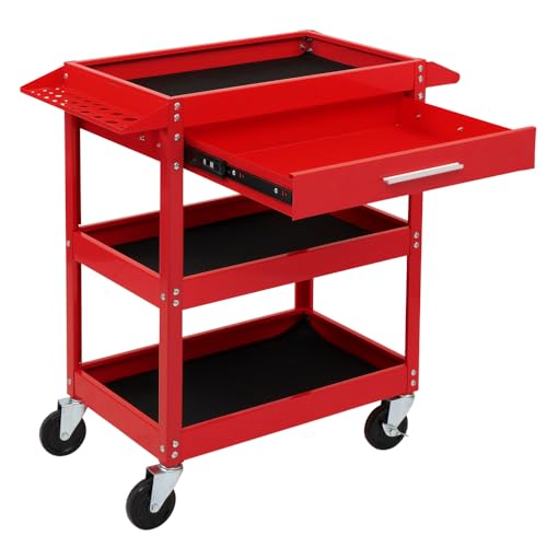 TUFFIOM 3 Tier Rolling Tool Cart with Drawer, Tool Service Cart on Wheels w/2 Brake, 330 LBS Capacity Industrial Heavy Duty Utility Cart, Tool Organizer for Mechanic, Garage, Warehouse & Repair Shop - color: Red(w/Drawer)