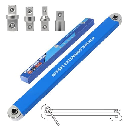 Offset Extension Wrench, Zero Degree Ratchet Extension Set Impact Ready Socket Wrench Extender Tool with 1/2", 1/4", 3/8" Drive Adapters and 1/4" Socket for Tight Place (Blue) - color: Blue