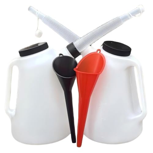 2 Pack 5 Quart Oil Jug Set with 2 Long Funnels - Oil Drain Pan & Container for Vehicle, Lawn Mower, Boat, Includes Orange & Black Funnels, Leak-Proof & Easy-Pour Spout (2Pack-5Qrt) - size: 2Pack-5Qrt