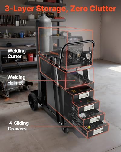 VEVOR Welding Cart, 2-Tier 4 Drawers Welder Cart with 265 LBS Weight Capacity, 360° Swivel Wheels, Tank Storage Safety Chains, Heavy Duty Rolling MIG Welder Cart for Mig Welder and Plasma Cutter