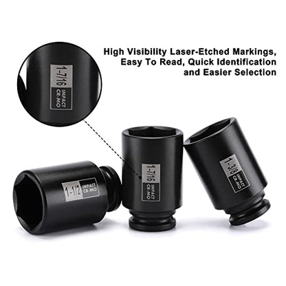 Mayouko 7PCS 1/2 Inch Drive Deep Impact Socket Set, 1-3/8" - 1-3/4", Spindle Axle Nut Sockets, SAE, Deep, 6-Point, CR-MO - size: 1.375" - 1.75" (7 Pieces)
