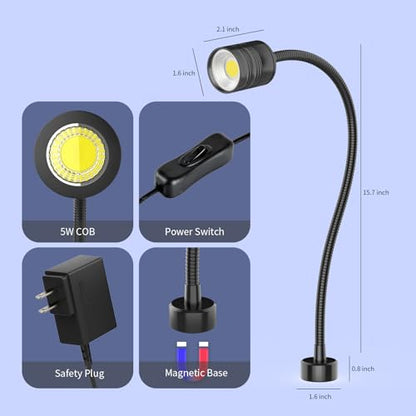Led Magnetic Work Light 400mm Flexible Gooseneck lamp 500 Lumens 120 Volt for Sewing Machine Lathe Milling Drill Press Industrial Lighting