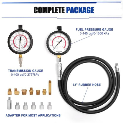 Transmission/Engine Oil Pressure KIT, Capable of Both Static and On-Road Testing, High/Low (0-400psi/0-100psi), 72" Hose, 13pc Adapters - size: Oil Pressure Kit
