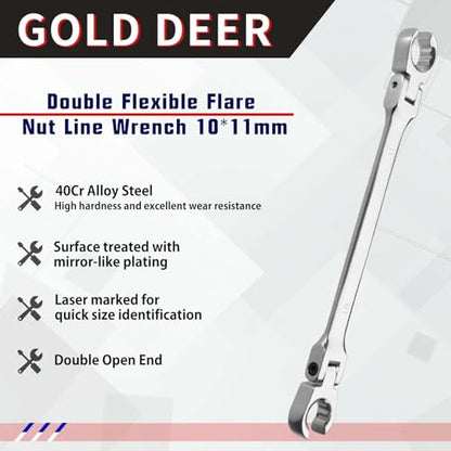 Flex Head Flare Nut Wrench 10 * 11mm Flare Nut Wrench Set Metric Flare Tool Double Flexible Flare Nut Line Wrench Flare Tool Flex Tools 40Cr for Automotive Repairs Plumbing Repairs - style: 10*11mm