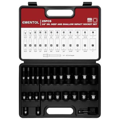 EMENTOL 3/8" Drive Impact Socket Set, 25PCS, SAE(5/16"- 1"), Deep and Shallow, 12 Point, Includes Drill Bit Adapter - size: 3/8" Drive (5/16"- 1")