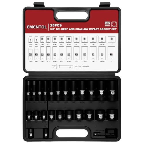 EMENTOL 3/8" Drive Impact Socket Set, 25PCS, SAE(5/16"- 1"), Deep and Shallow, 12 Point, Includes Drill Bit Adapter - size: 3/8" Drive (5/16"- 1")