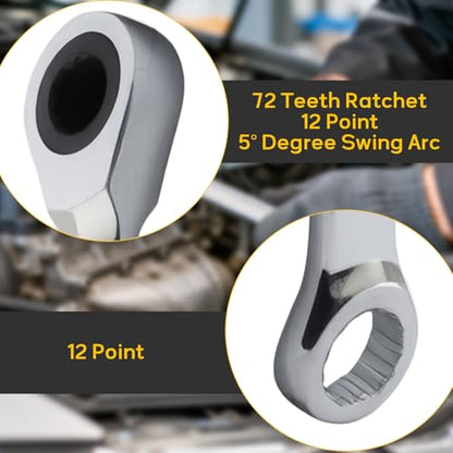 3/8 Inch Ratcheting Wrench 2 Pcs 72-Tooth 12-Point Chrome Plated | Forged 45# Carbon Steel Durable, 5-Degree Arc For Tight Spaces, 12-Point Protects Fasteners, Polished Chrome Anti-Rust - size: 3/8 Inch