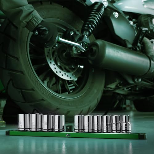 SK 1/2" Drive Socket Set, SAE Sockets, 11-Piece 7/16" to 1-1/16" | SuperKrome Finish, Premium CR-V Steel, with Aluminum Socket Organizer - size: Shallow, style: SAE