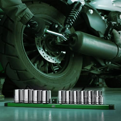 SK 1/2" Drive Socket Set, SAE Sockets, 11-Piece 7/16" to 1-1/16" | SuperKrome Finish, Premium CR-V Steel, with Aluminum Socket Organizer - size: Shallow, style: SAE