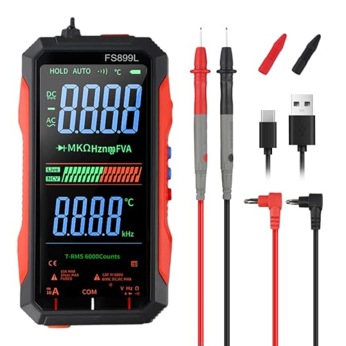 FS899L Digital Multimeter with Color Screen, USB C Rechargeable Electrical Testing, 6000 Counts True RMS AC/DC Voltage Tester, NCV, Capacitance, Non Voltage Detector for Car, Home(FS899L) - size: FS899L & no watch case