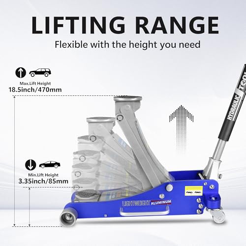 3T Aluminum Floor Jack, 6000 lb, Dual Pump, 3.35"-18.5" Lift | Aircraft-grade aluminum, dual pump, reinforced arm, side-mount handle. 3.35"-18.5" lift range. Lightweight & durable. - size: 3T Aluminum & Steel Blue