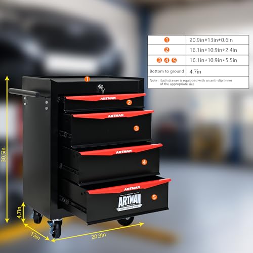 RYH 4/5/6/7 Drawers Rolling Tool Chest - Heavy Duty Mobile Tool Cart with Locking Wheels & Ball Bearing Drawers, 30.5" H x 20.9" W x13 D Garage Tool Storage Cabinet，Metal Tool Box (Black, 4 Drawers) - color: Black-red, size: 4 Drawers（30"H × 20"W × 13"D)