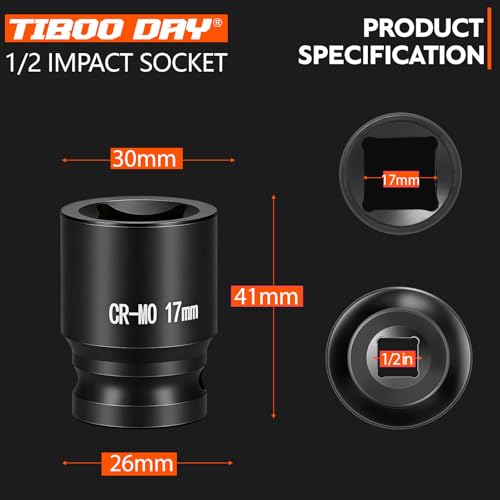 1/2" Drive 17mm Impact Socket Metric Standard Impact Socket Blackening Finish 4 Point Square Socket made with Chrome Molybdenum Alloy Steel for Auto Repair Mechanical Maintenance Removal of Axle Nut - size: 17mm - 4pt, style: 1/2" Drive Standard Socket