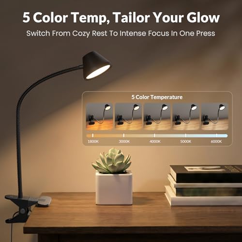 LEPOWER Clip on Light, Reading Lights for Books in Bed, 400LM, RG0 Eye-Care | 5 Colors & Stepless Dimming, Amber Glow Light & Auto Timer, Up to 2.3" Strong Clamp with Adapter for Headboard, Bedside, Desk - color: Black