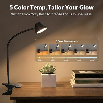 LEPOWER Clip on Light, Reading Lights for Books in Bed, 400LM, RG0 Eye-Care | 5 Colors & Stepless Dimming, Amber Glow Light & Auto Timer, Up to 2.3" Strong Clamp with Adapter for Headboard, Bedside, Desk - color: Black