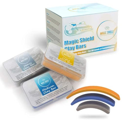 Magic Shield Clay Bar Triple Pack - 100g Each of Light, Medium & Heavy-Duty Clay Bars for Car Detailing - Deep Cleaning & Shine Restoration with Magic Clay Bars for Professional Auto Detailing - size: Triple clay bars w/o spray
