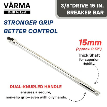 3/8-Inch Drive Breaker Bar, 15-Inch – Heavy Duty CR-MO Head & 15mm Thick Shaft – Dual-Knurled Non-Slip Grip, Constant Tension Flex Head, Premium Mirror Chrome Finish - size: 3/8" Drive x 15"