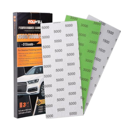 POLIWELL Pyramid Structure Car Sandpaper Set: 3.6“ x 9” Wet/Dry Polishing Pads (1500/3000/5000 Grit) — Clear Coat Scratch Repair, Automotive Detailing Care, and Ultra-Smooth Surface Restoration - style: MIX