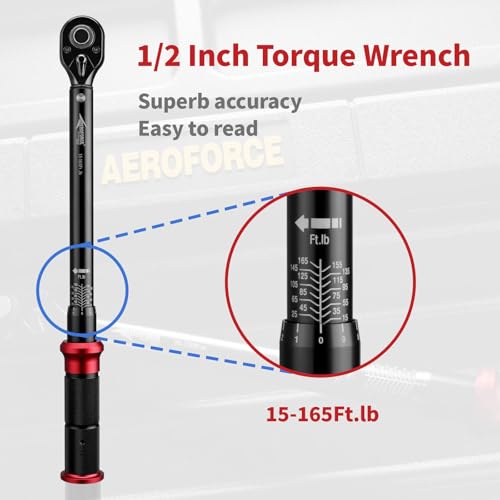 AEROFORCE 1/2-Inch Drive Torque Wrench（15-165 lb.ft / 20.4-224.4 Nm),72 Tooth Dual Direction Reversible Ratchet, Dual Range Scales, Precision Calibrated for Bike, Motorcycle and Car Repair - size: 1/2", style: 15 - 165 lb-ft