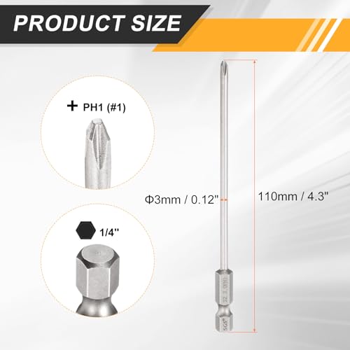 HARFINGTON 4pcs #1 Phillips Screwdriver Bit PH1 1/4" Hex Shank 4.3" (110mm) Long 0.12" Rod Magnetic Cross Head Drill Bits S2 Steel Industrial Screw Driver Bit for Electric Power Tools, Gray - size: PH1 x 4.3" x 0.12"