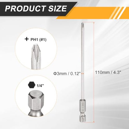 HARFINGTON 4pcs #1 Phillips Screwdriver Bit PH1 1/4" Hex Shank 4.3" (110mm) Long 0.12" Rod Magnetic Cross Head Drill Bits S2 Steel Industrial Screw Driver Bit for Electric Power Tools, Gray - size: PH1 x 4.3" x 0.12"