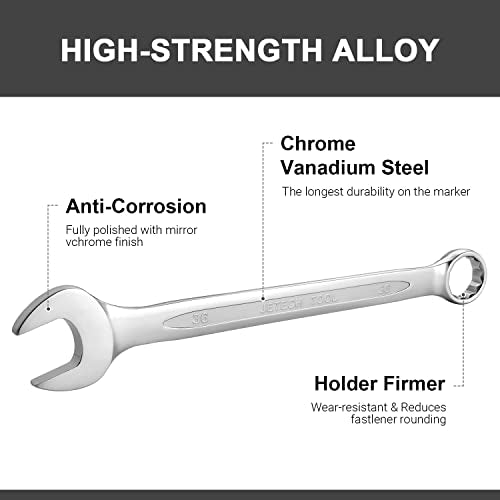 Jetech 36mm Combination Wrench, Metric 12-Point Chrome Vanadium Steel Spanner, Industrial Grade with 15-Degree Offset, Sand Blasted Finish, Heat-Treated Forged Tool - size: 36mm