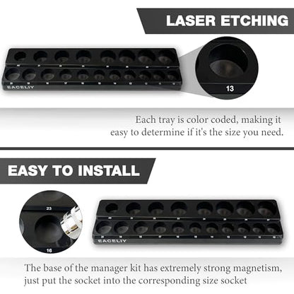 EACELIY Magnetic Socket Organizer Set,Metric Socket Holder Kit, Socket Trays，holds 75 Deep and Shallow 3/8" Sockets(sockets not included) 丨3Pcs 1/2", 1/4" and 3/8" （Black） - size: 3PCS Metric 1/2&3/8&1/4