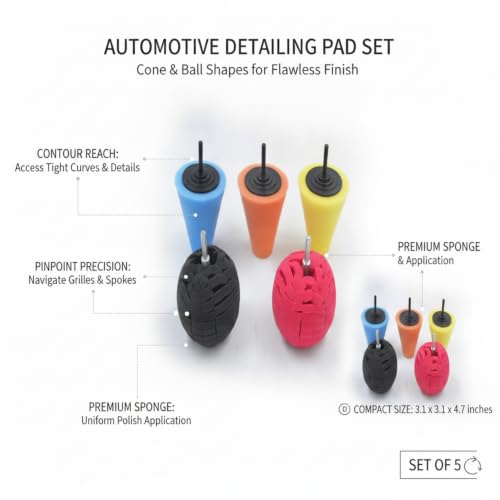 5-Piece Polyester Sponge Polishing Pad Set, Cone & Ball Shapes for Auto Detailing, Fits Rotary & Orbital Polishers, 3.15 x 4.72 in