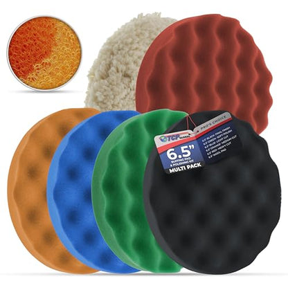 TCP Global 6.5 Inch Buffing Pads Set - 5 Waffle Foam Buffer Pads & 1 Wool Pad for Orbital Buffers, DA Polish Pad for Paint Correction, Polishing Kit for Auto & Boat Gelcoat Detailing