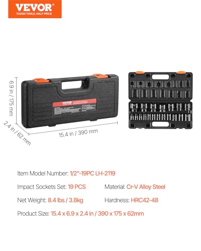 VEVOR Impact Drive Socket Set 1/2 Inches 19 Piece Impact Sockets SAE, Standard Socket Assortment, (3/8 Inches to 1-1/2 Inches) 6-point Hex Sockets - style: 1/2" 19PCS