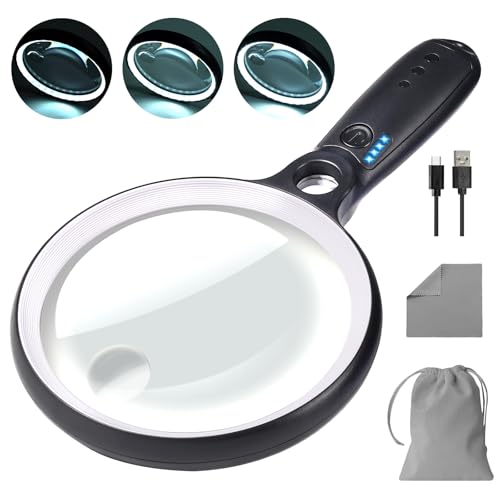 Large Magnifying Glass with 37 LED Light, 10X 20X 45X Handheld Illuminated Lighted Magnifier with 3 Light Modes Rechargeable Magnifying Glass for Seniors Reading, Inspection (White & Black) - color: White & Black, size: Magnifier with Light (No Case)