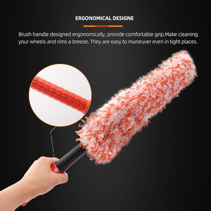 Microfiber Wheel Brush, SPTA Removable Car Wheel Cleaning Brush with 2 Interchangeable Microfiber Covers, Bendable, Firm Rim Cleaner Brush for Wheel Cleaning, Long Non-Slip Handle and Flat Head - color: Microfiber Wheel Brush