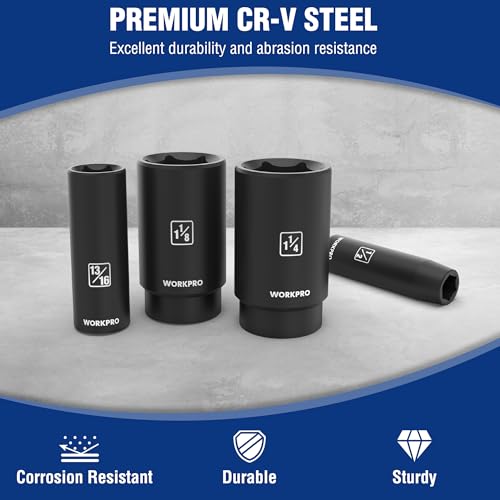 WORKPRO 14-Piece 1/2＂ Drive Deep Impact Socket Set, 6-Point Impact Deep Socket Set with Heavy Duty Storage Case for Automotive and Mechanical Repairs, 3/8"-1-1/4", Cr-V Steel, SAE - style: 14PC, SAE