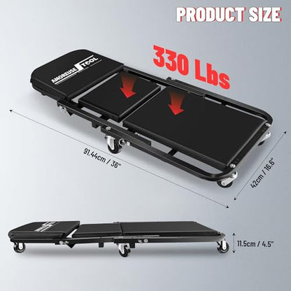 36" Folding Creeper with Tire Kit & 5 Boxes, 330 LBS, 6 Casters | Steel folding creeper converts to seat. Low 4.5" profile. Folds flat. 6 swivel casters. - color: Black with Tire Kit & Storage
