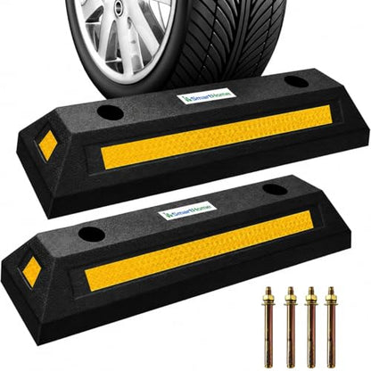 Car Stoppers for Garage, 2 Pack Heavy Duty Rubber Parking Stopper with Expansion Bolts, Reflective Garage Wheel Stop Parking Aid for Cars, SUVs, Trucks