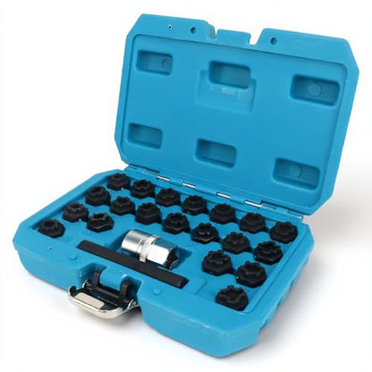22pcs Wheel Lock Removal Tool Kit, 20 Different Sockets for Locking Lug Nuts, 1/2 Inch 85mm Socket Adapter, Chrome Molybdenum Steel Construction, Universal Automotive Lock Nut Remover Set