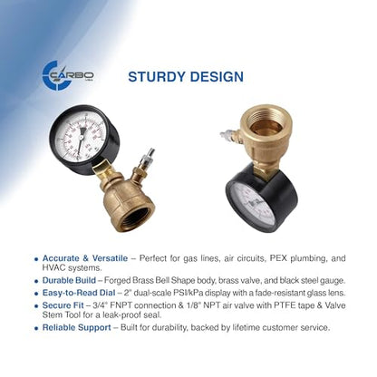 Gas Test Pressure Gauge 30 Pound, 30 PSI / 200 kPa, 3/4” FNPT Connection, Brass Valve, Forged Brass Bell Shape Body Assembly. - size: 3/4" FNPT 0-30 psi, style: Brass