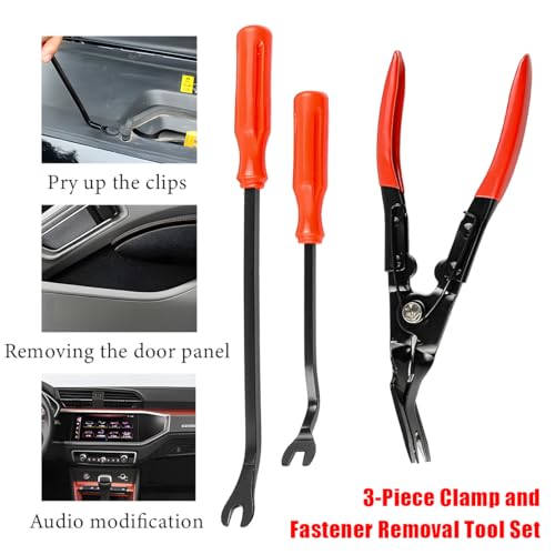 3 PCS Auto Clip Pliers Set and Fastener Remover, Car Trim Removal Tool Pry Tool Kit with Storage Bag, Door Panel Upholstery Fastener Rivet Remover Kit, Car Accessories (Red) - color: Red