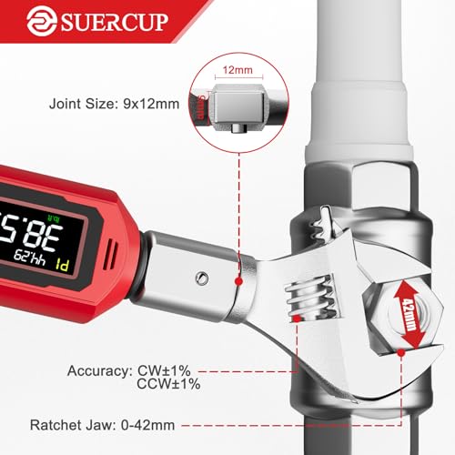 SUERCUP 9x12 mm Adjustable Digital Torque Wrench, 0.66-44.29Ft.Lb/0.9-60N.m | Interchangeable Open End Head 42mm Jaw & 3/8" Ratchet, Vibration/Buzzer/LED Alert, for Split AC, HVAC, Bike & Moto Repair - size: 0.66-44.29Ft.Lb/0.9-60N.m(9x12 mm)