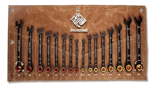 ironcube Ratcheting Wrench Set 16 Piece - Metric and Standard - Black Combination Ratchet Wrenches - Including Wax Canva Bag - LIFETIME SUPPORT