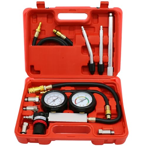Cylinder Leak Down Tester Kit with Dual Gauges for Gasoline Engines | Checks cylinder leakage, piston rings, valves and head gaskets with dual gauges, adapters and regulated air testing