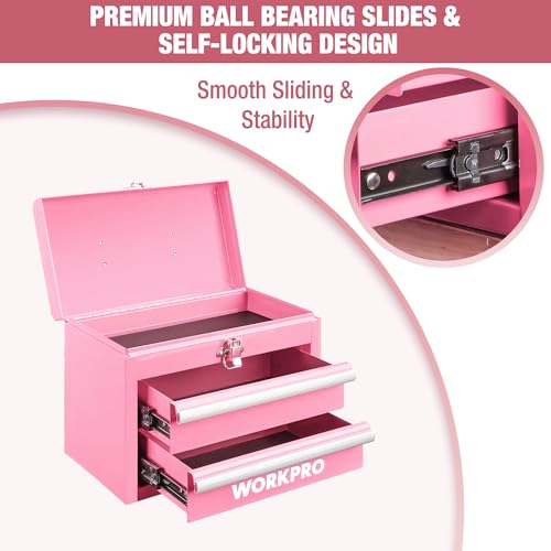 WORKPRO Portable Mini Tool Box, 2 Drawers Metal Tool Chest with Ball Bearing Slides, Top Storage with Latch, Ergonomic Carrying Handle, Toolbox with PVC Liners and PP Feet Pads - Pink Ribbon - color: Pink