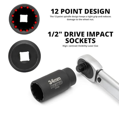 NEIKO 02530A 5 Piece 12 Point Socket Set 1/2” Drive, Lug Nut Remover, Spindle Nut Socket, Axle Nut Socket Set, Metric 30mm - 36mm Socket 1/2 Drive Impact Set, Cr-Mo Impact Adapter, 3/4" - 1/2” Reducer - size: 30-36 mm (5-Piece Set)